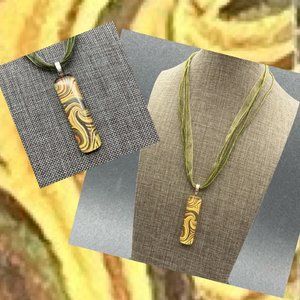 Glass Pendant Necklace Silver Rectangle Green Ribbon Cord Yellow Gold Brown BoHo